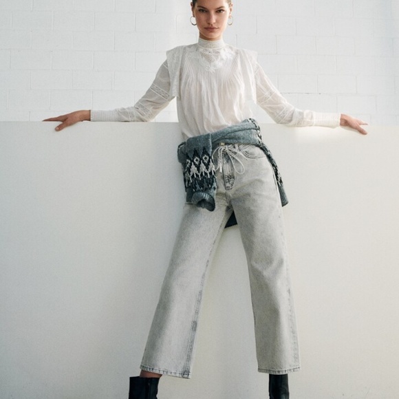 Mango Light Grey Bow Cotton Jeans/Culottes - Size 34 - Picture 2 of 13